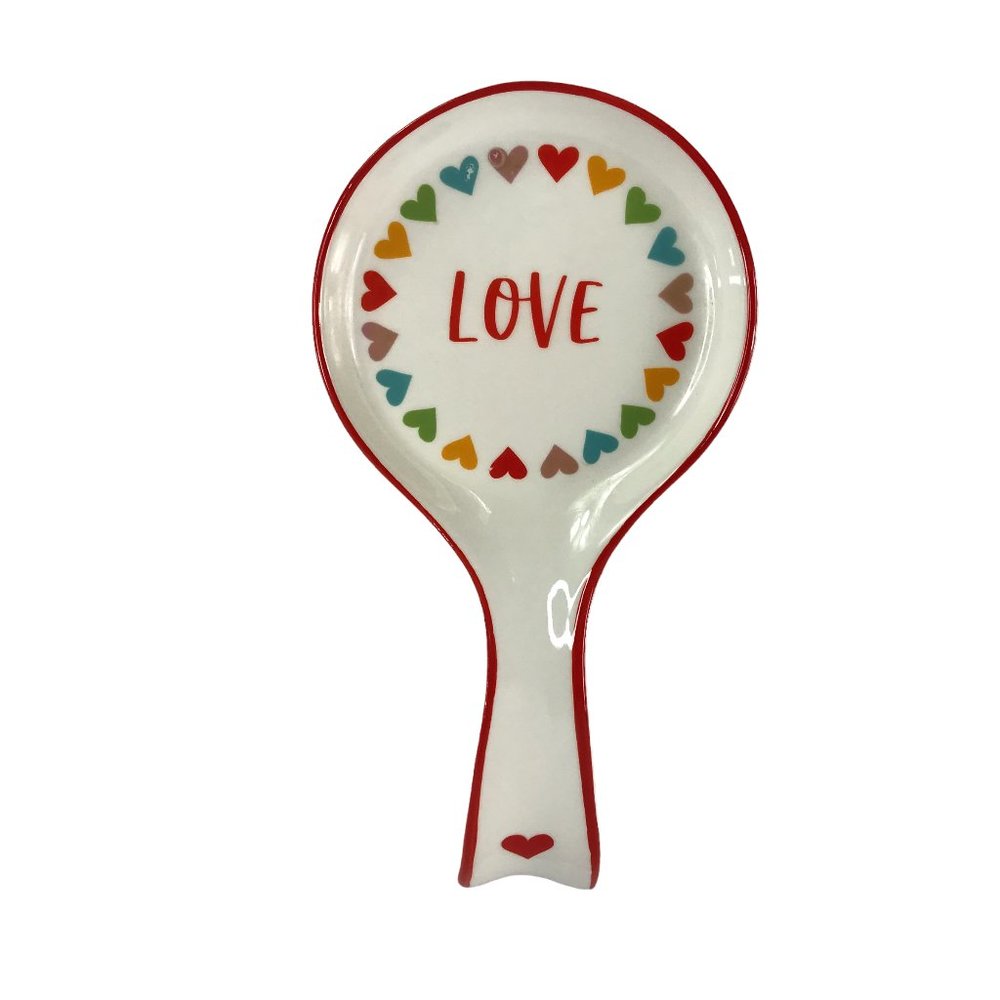 New Spoon Rest "LOVE" White with Multicolor Hearts, Ceramic